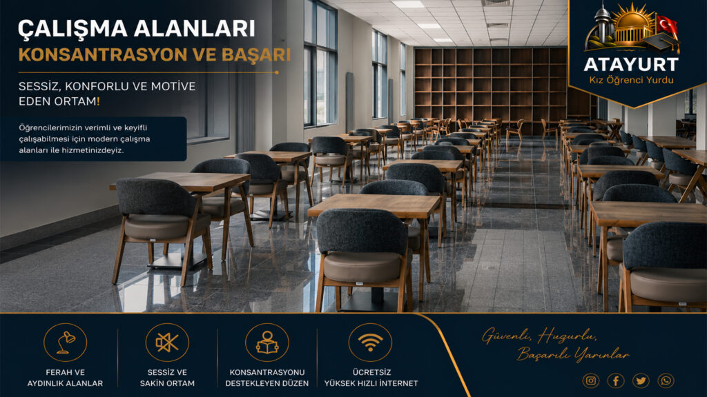 Atayurt Kız Öğrenci Yurdu kitap okuma ve bireysel çalışma alanı
