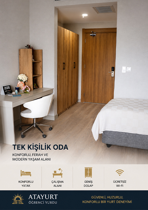 Atayurt Öğrenci Yurdu tek kişilik odası çalışma masası gardırop ve modern yaşam alanı